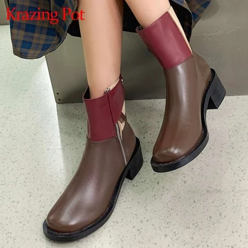 

Krazing pot cow leather round toe high heel mixed colors winter shoes keep warm British style young lady campus ankle boots L82