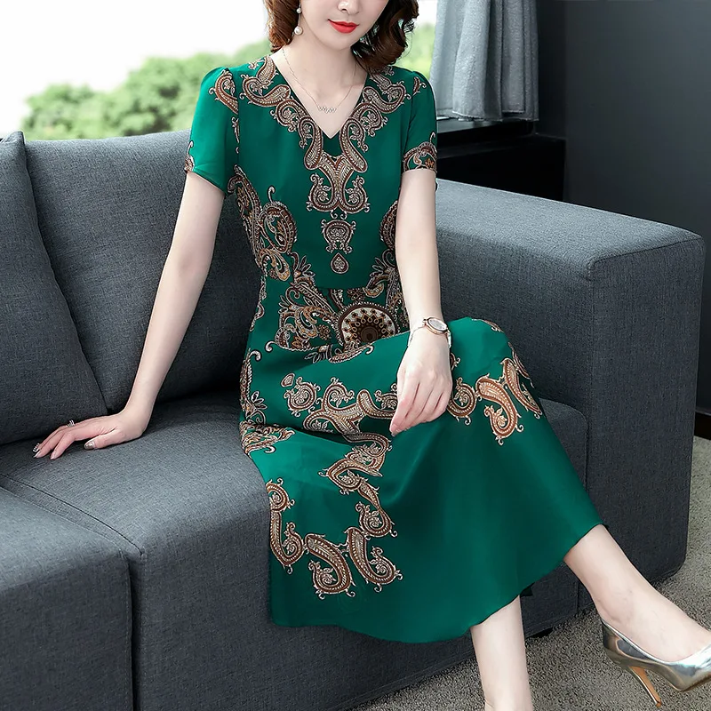 

Vintage Printed Short Sleeve Chiffon Dress Women's 2019 Summer New Style Mid-length Large Size over-the-Knee Large Size A- line
