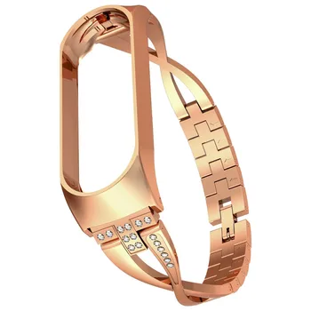

Smart Watch Rose Gold Metal Chain Style Strap For Xiaomi Mi Band 3 X Shape Stainless Steel Rhinestone Wrist Band For Women Girl