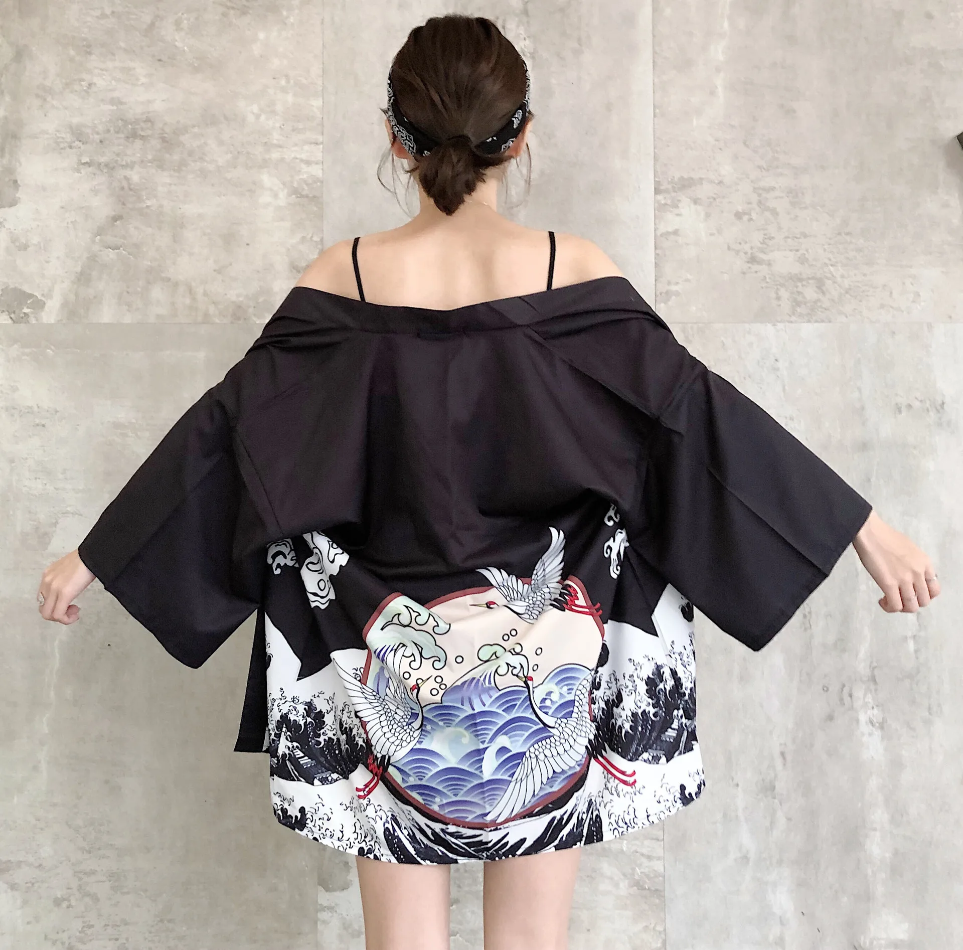 Новинка, кимоно, кардиган, повседневное, половина рукава, свободное Черное женское японское кимоно, плюс женская верхняя одежда