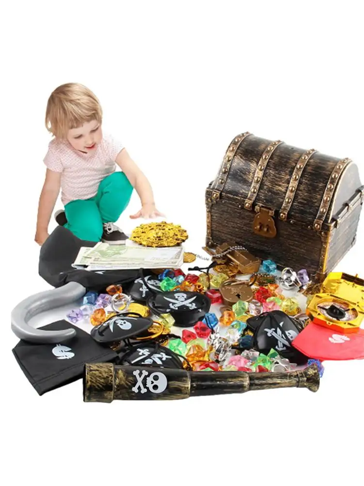 143pcs Kid Pirate Chest Box Golden Box Toy Kit Pirate Eye Sticker Retro Chest Children's Treasure HuAnt