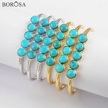 

BOROSA New Five Round Gold Plated Natural Turquoises Bangle High Quality Howlites Stone Silver Plated Bangles Dopship