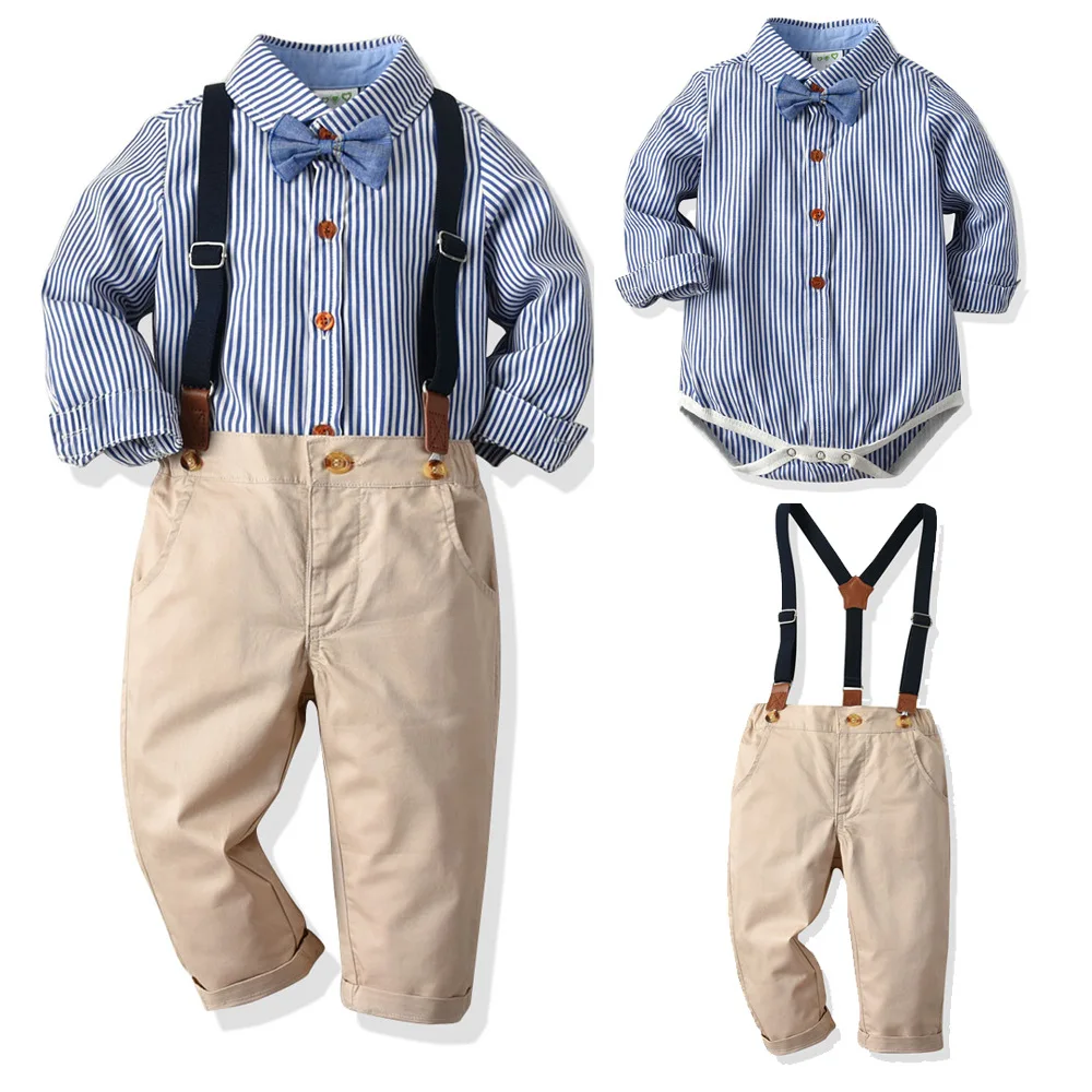 

Baby Boy Clothes Set Cotton Striped Bow Romper 2 Pcs Set Long Sleeve Romper+Overalls Clothing Sets 1st Birthday Uniform Outfit