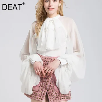 

DEAT 2020 new mesh chiffon puff sleeves round neck bow collar see through sexy female blouse sweet girl's shirt WE10500L