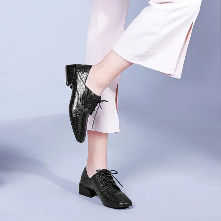

2018 Autumn New Style Lace-up Casual Shoes Genuine Leather Square Head Deep-mouth Thin Shoes Women's Semi-high Heeled Spring Lea