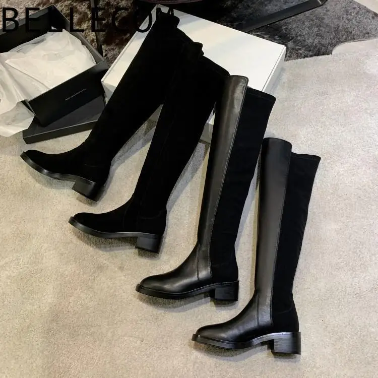 

BELLECOM Winter shoes New Women's women Boots Leather Coarse-heeled Waterproof Table Single-shoe High-heeled Boots botas mujer
