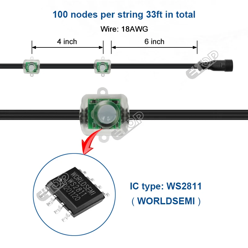 500pcs DC12V 100ct/String 18awg WS2811 Square Led Pixel