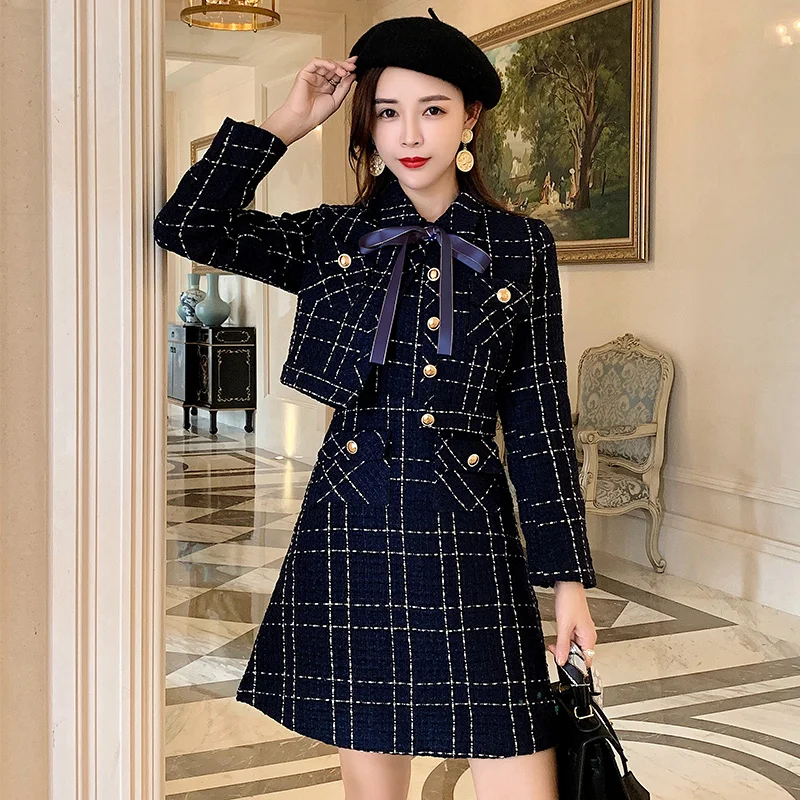 Women Multi-Color Plaid Check Tassels Tweed Long Sleeve Blazer