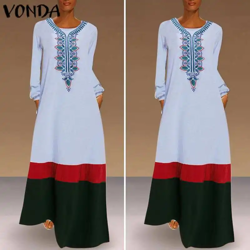VONDA платье для беременных с длинным рукавом, повседневные платья макси с круглым вырезом в стиле пэчворк, свободные вечерние платья длиной до щиколотки, пляжный сарафан для беременных