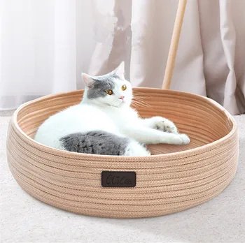

Pet Cat Bed Kennel Knitted Cotton Anti-scratch Breathable Sleeping House Portable Washable Summer Round Puppy Basket Mat