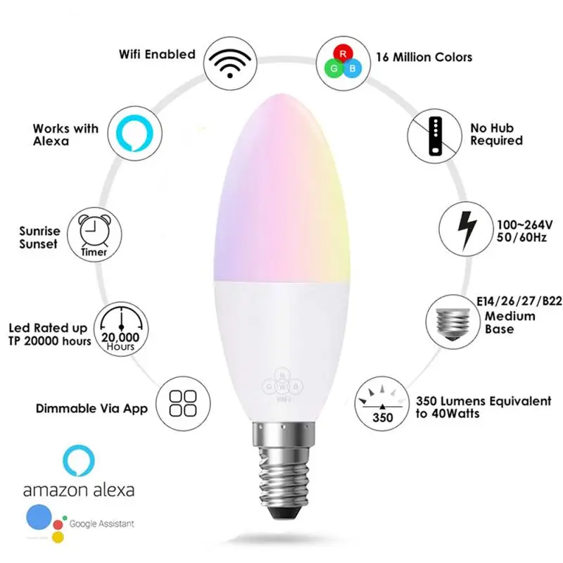 Светодиодная лампа Е14 B22 tuya smart life 2/4/8 шт. RGB 6 Вт с регулируемой яркостью светильник