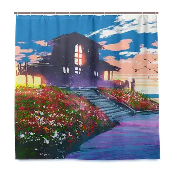 

House Flowers Bird Shower Curtain for Bathroom Oil Painting Polyester Waterproof Custom Bath Shower Curtain with 12 Hooks Set