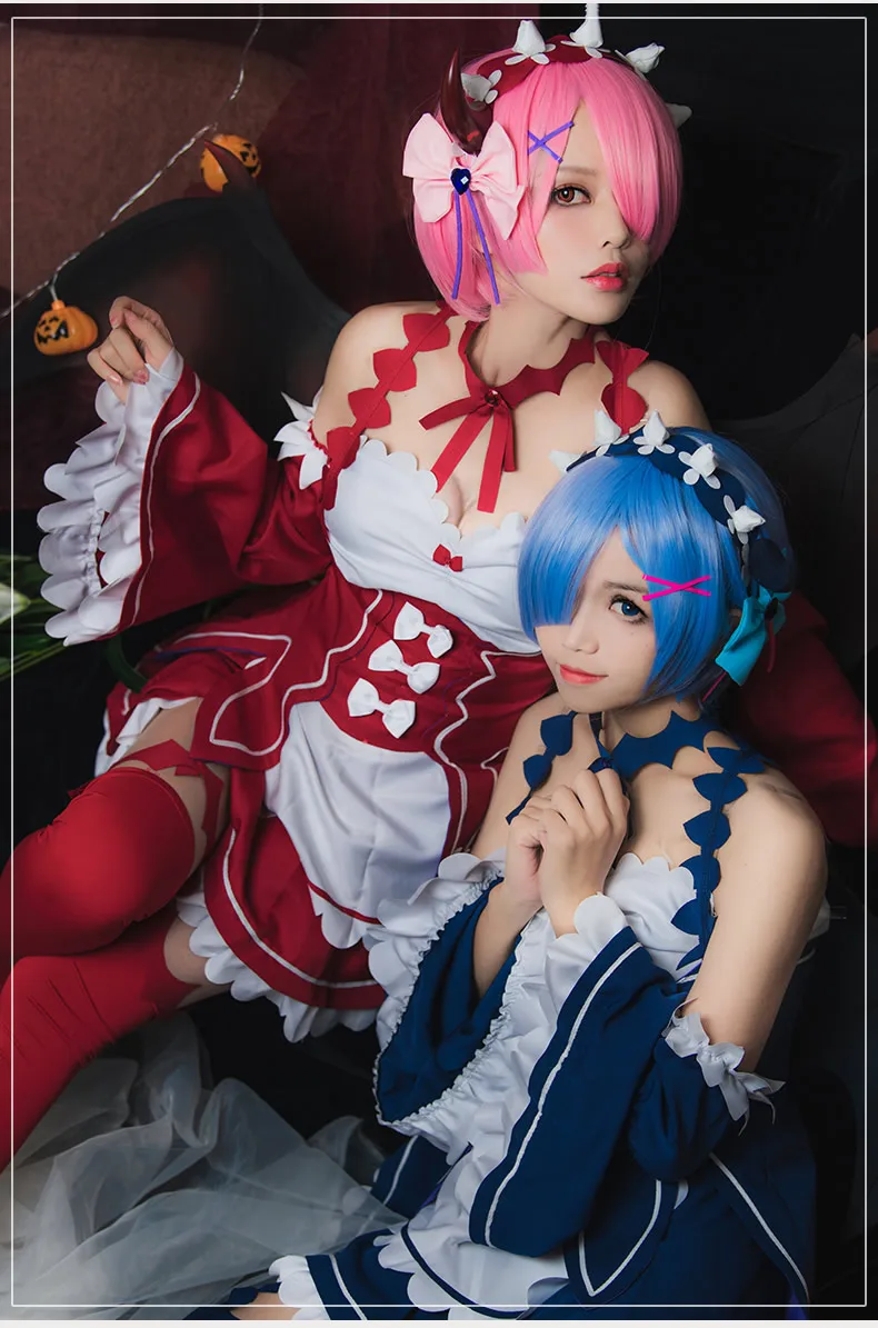 Аниме Re Zero Hajimeru Isekai Seikatsu REM ram костюм горничной на Хэллоуин платье лолиты форма косплей костюм розовый синий короткий парик