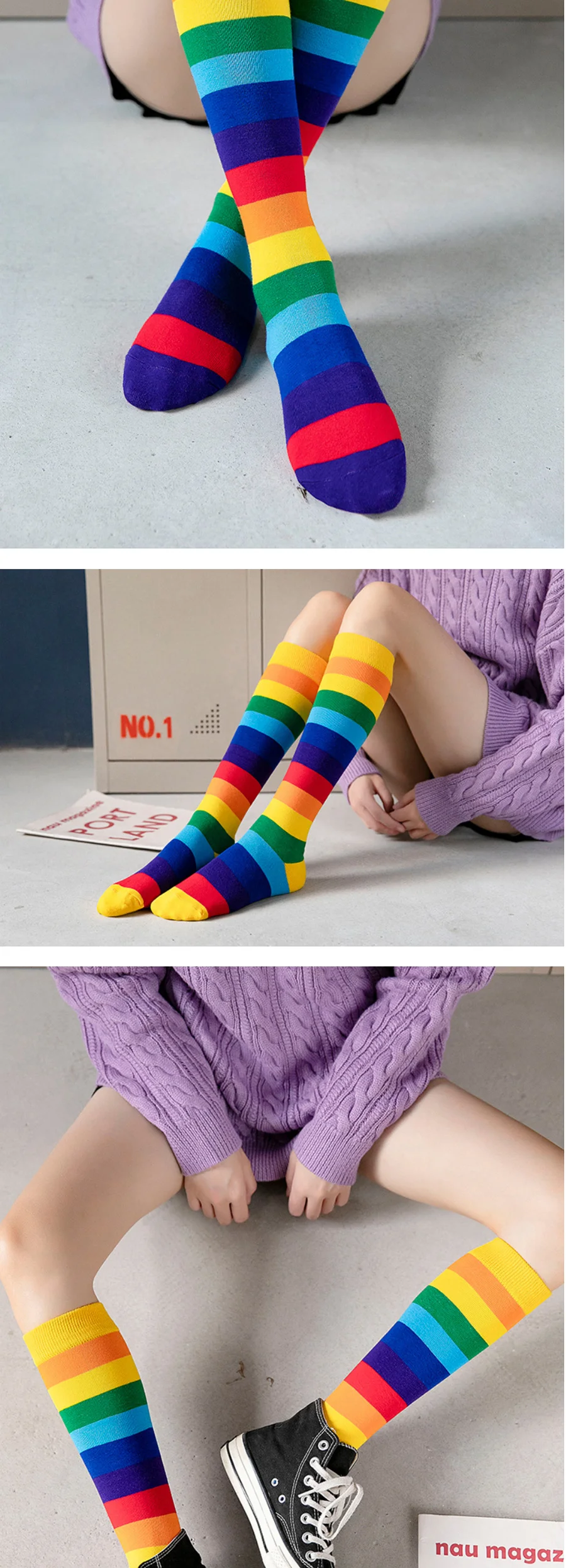 Модные женские длинные носки в радужную полоску, четыре сезона, Корейская версия, носки для колледжа, хлопковые спортивные носки