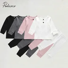 Коллекция года, весенне-осенняя одежда для малышей Одежда для новорожденных мальчиков и девочек трикотажные хлопковые топы с длинными рукавами, брюки комплект из 2 предметов в рубчик От 6 месяцев до 3 лет