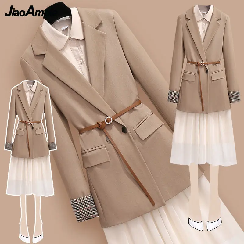 Women's Two Pieces Dress Set Spring Autumn Office Lady Graceful Mesh Dresses+Single Button Suit Coats Outfits with Waistband