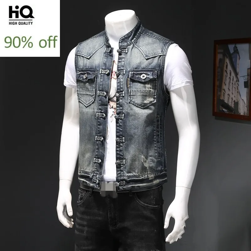 

Motorcycle Stand Collar Denim Vest Men Fashion 2020 Plus Size 4XL Biker Slim Single Breasted Waistcoat Sleeveless Jacket Male
