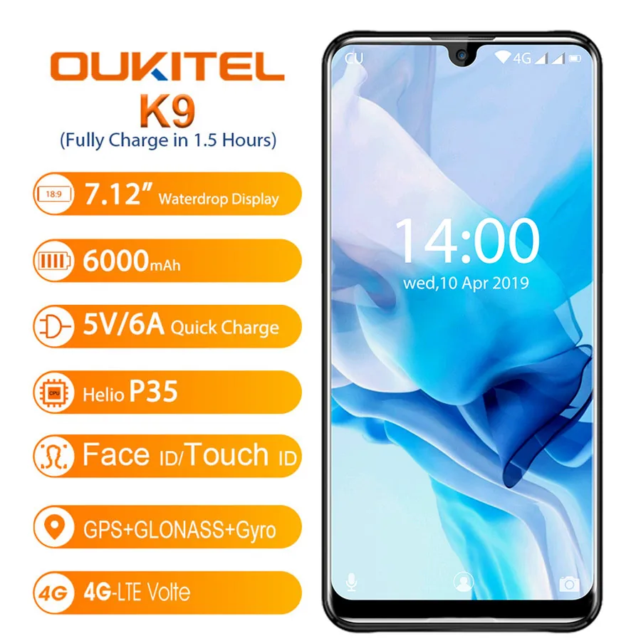 Мобильный телефон OUKITEL K9 Waterdrop экран 7 12 дюйма FHD + 1080*2244 16 Мп 2 МП/8 4 Гб 64 ГБ сканер
