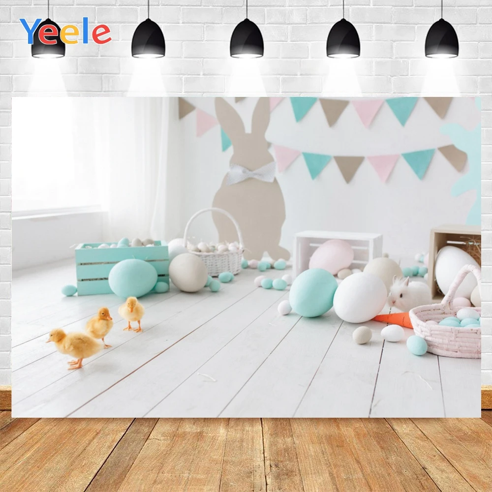 

Yeele Happy Easter Wood Floor Duck Egg White House Background Photophone Photography Baby Photo Studio for Decor Customized Size