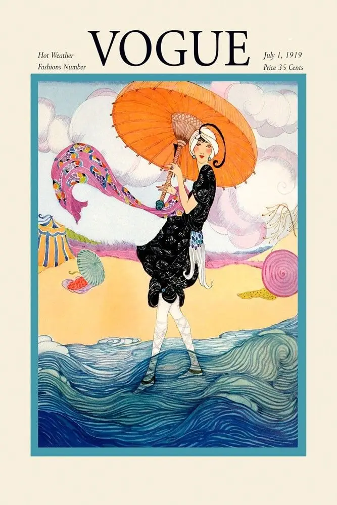 

Vogue Fashion Lady Beach Ocean Umbrella 1919 Vintage Wall Sticker Silk Fabric Poster Art Indoor Decor Bright