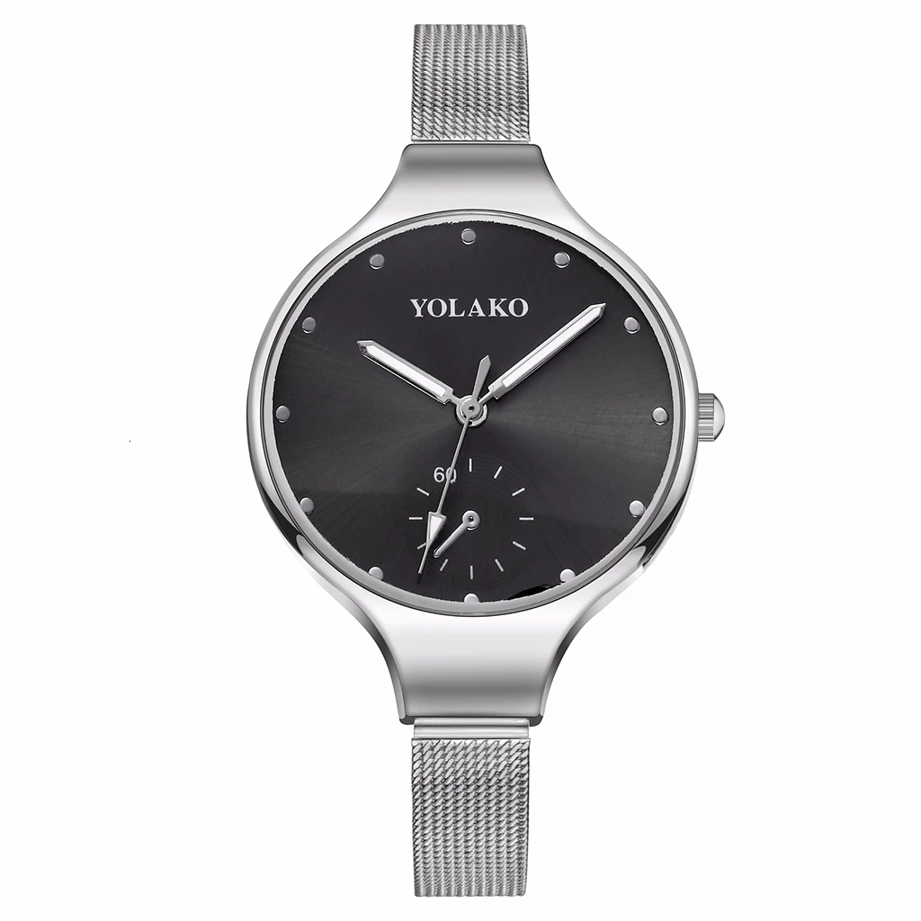 YOLAKO Брендовые женские Spuer тонкие наручные часы с ремешком-сеткой из нержавеющей стали женские роскошные высококачественные повседневные наручные часы подарок часы - Цвет: silver black