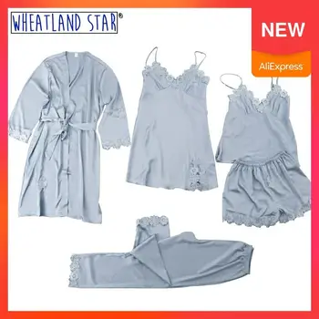 

Robe Ensembles 5 Pieces Autumn Pyjamas Women Long Sleeve Pijamas Feminino Sexy Intimates Woman's Lingerie Underwear & Sleepwears