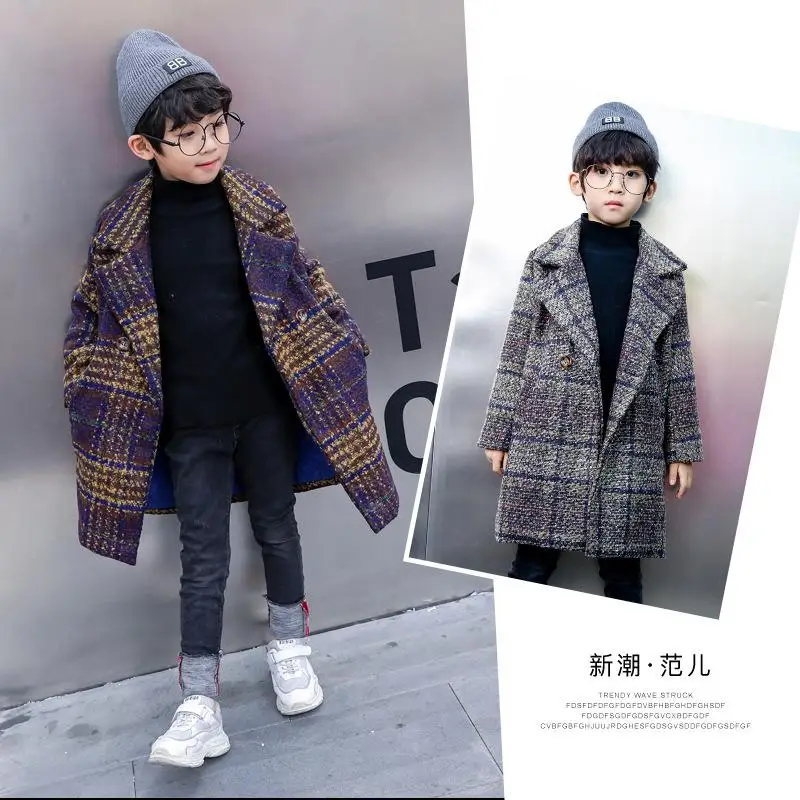 Шерстяное пальто; Новое Детское пальто в английском стиле; зимняя одежда для мальчиков; детское клетчатое пальто с отворотом; длинное пальто; одежда для малышей