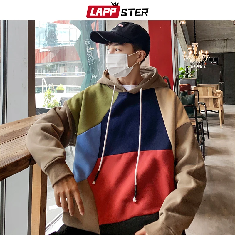 LAPPSTER Men Fleece Patchwork Hooded Hoodies Mens Japanese Streetwear Sweatshirts Korean Harajuku Winter Hip Hop Clothing