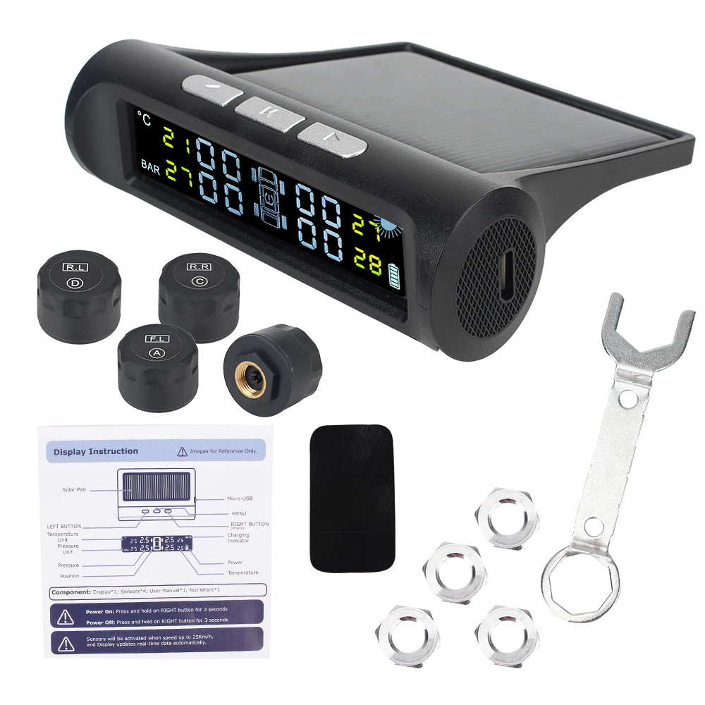 VICTOR TPMS Solar Power Tire Pressure Monitoring System Installed on Window pane with 4 External Sensors Wireless LCD Auto Display 