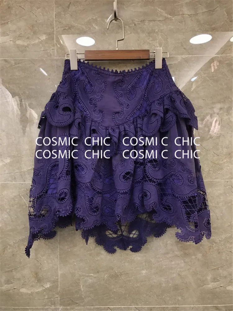 Cosmicchic, подиумная Праздничная юбка, комплект, элегантный фонарь, длинный рукав, открытая кружевная вышивка, блузка, нестандартные оборки, мини-юбка