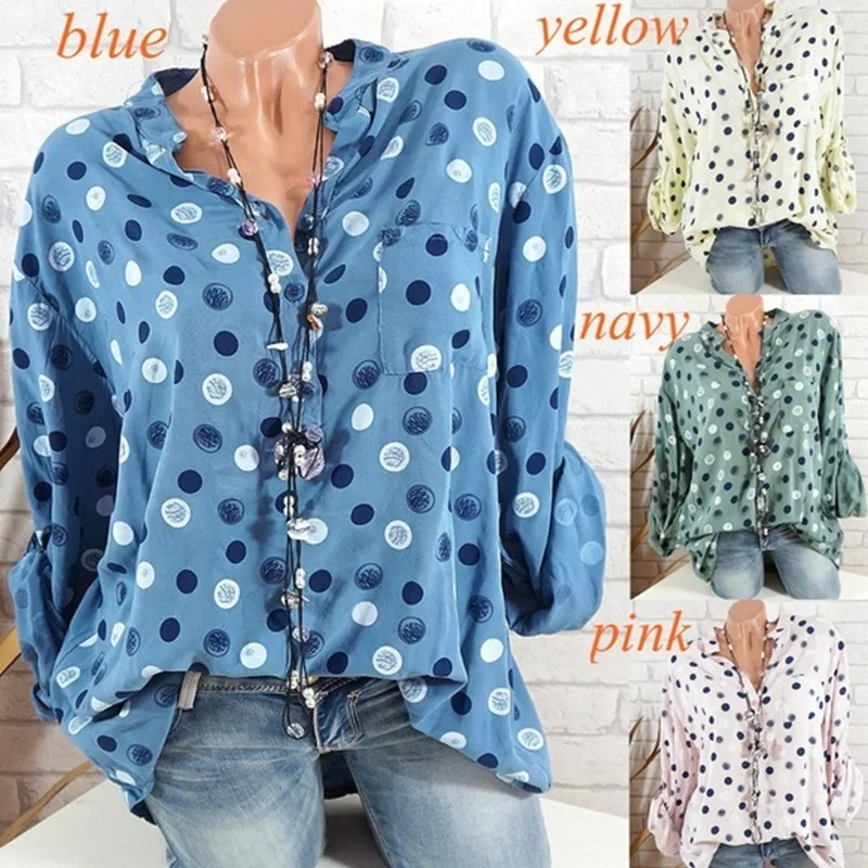 

Spring and Summer Sale Women's Polka Dot Printed Collar Shirt Long Sleeve Pullover Blouse Casual Women's Wear