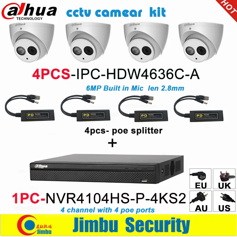 

Dahua camera system NVR kit 4CH 4K video recorder NVR4104HS-P-4KS2 & Dahua 6MP IP camera 4pcs IPC-HDW4636C-A& POE Splitter