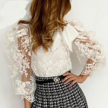 

2020 Spring Lace Sexy Women Blouse Fashion Bow Collar Mesh Hollow Out Female Shirts Elegant Party Through See Chiffon Shirt