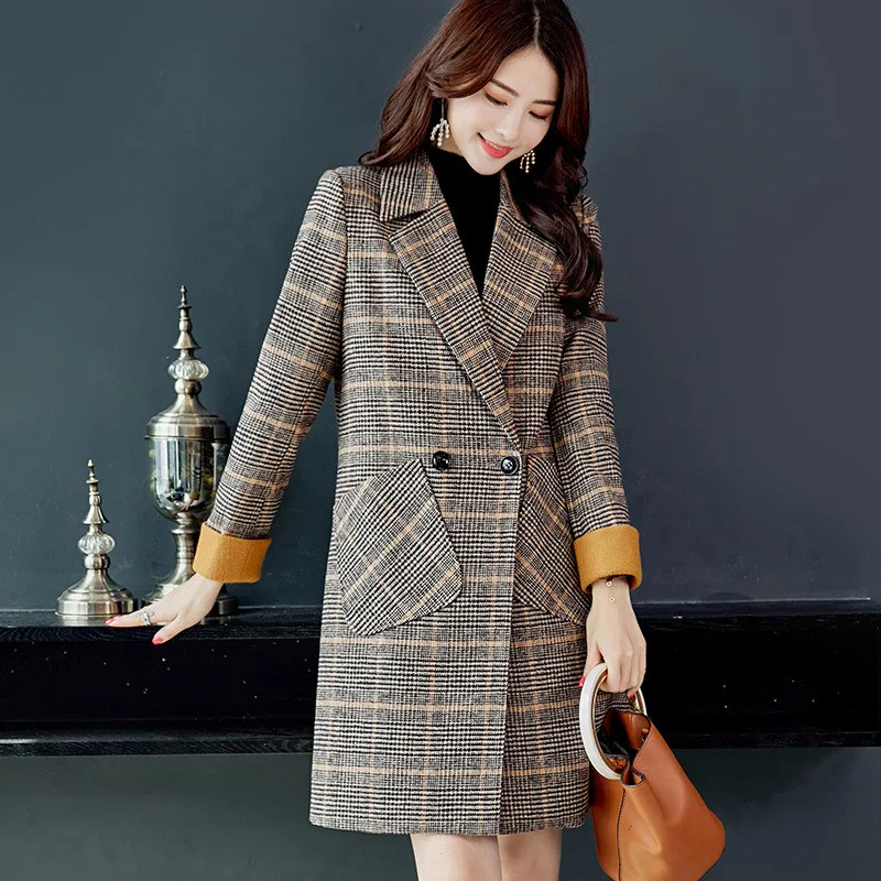 Зимнее шерстяное пальто и куртка Женская Корейская клетчатая Длинная Куртка теплое элегантное шерстяное пальто модное кашемировое винтажное пальто женская накидка
