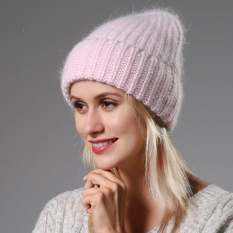 Зимняя женская шапка hat70% ангольского кроличьего меха, вязаная шапка бини, зимняя женская шапка для девочек, женская шапка, новая простая шапка из кроличьего меха - Цвет: Pink