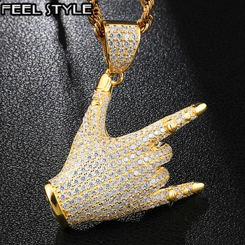 

Iced Out Bling Cubic Zircon CZ Gesture Hand Necklace & Pendant for Women Men HIP Hop Jewelry Wholesale