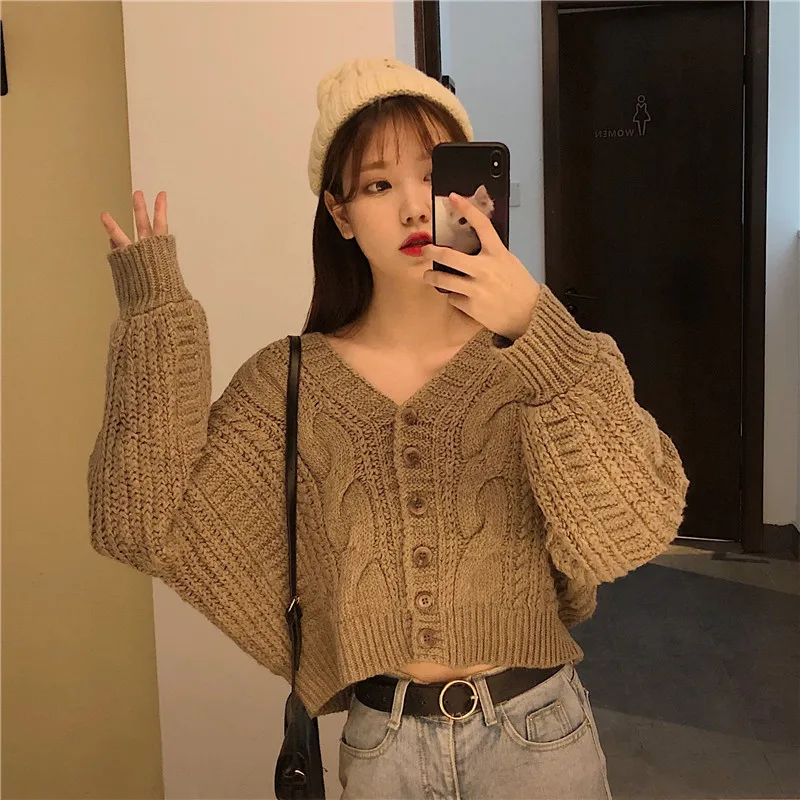 Свободный вязаный Повседневный укороченный топ с v-образным вырезом, кардиганы, модный бренд, длинный рукав, женские топы, осенняя зимняя одежда, женский свитер, Новинка