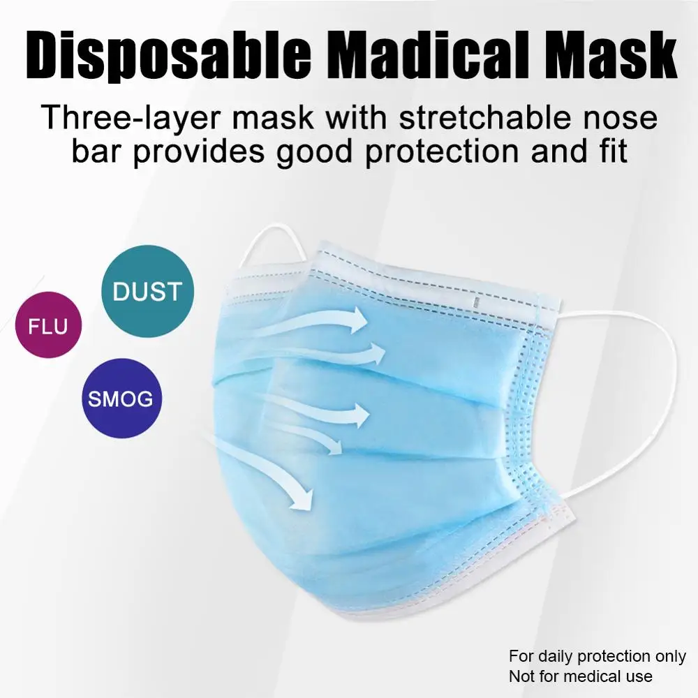

50/100pcs Non Woven Disposable Face Mask 3 Layer Hanging ear Dust Filter Safety Elastic Facial Dust-Proof Safety Masks Hot