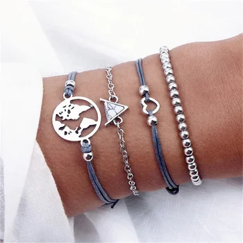 

KISSWIFE 4 Pcs/Set Bohemian Love Map Bracelet Triangle Chain Beaded Bracelet Set Women Retro Charm Jewelry Party Gifts
