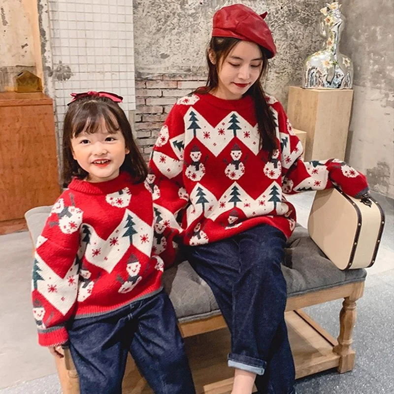 

2021 Family Matching Soft Sweaters Mother Daughter Long Sleeve Warm Sweater Mommy And Me Cartoon Print Casual Clothes