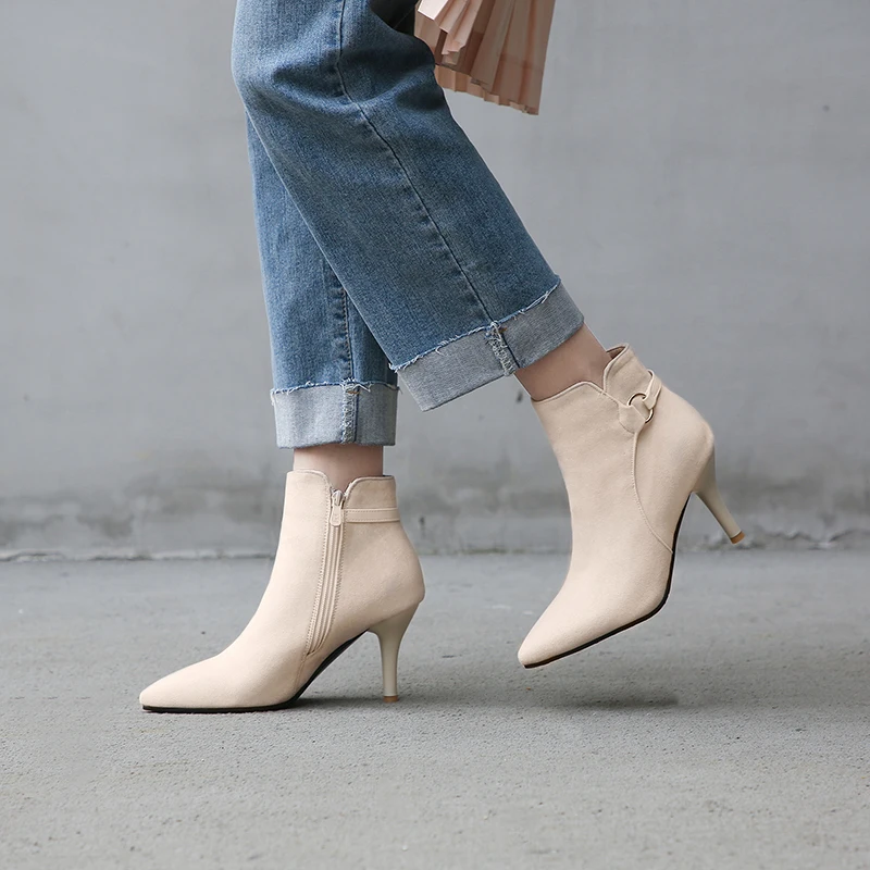 Beige Г., новые удобные зимние женские ботильоны коричневого и бежевого цвета пикантная женская обувь на высоком каблуке Большие размеры 10, 30, 43, 48, LS904 - Цвет: Beige