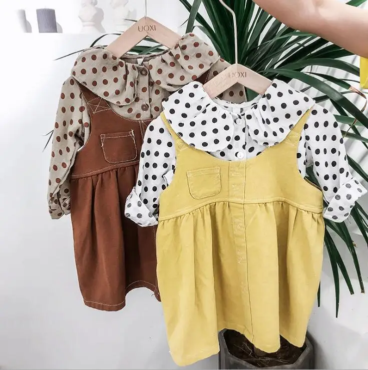 

2019 Korea Style Girls 2 Pcs Set Blouse+Vest Dress Autumn Cotton Fashion Girls Suits 1-6 Years PZ459