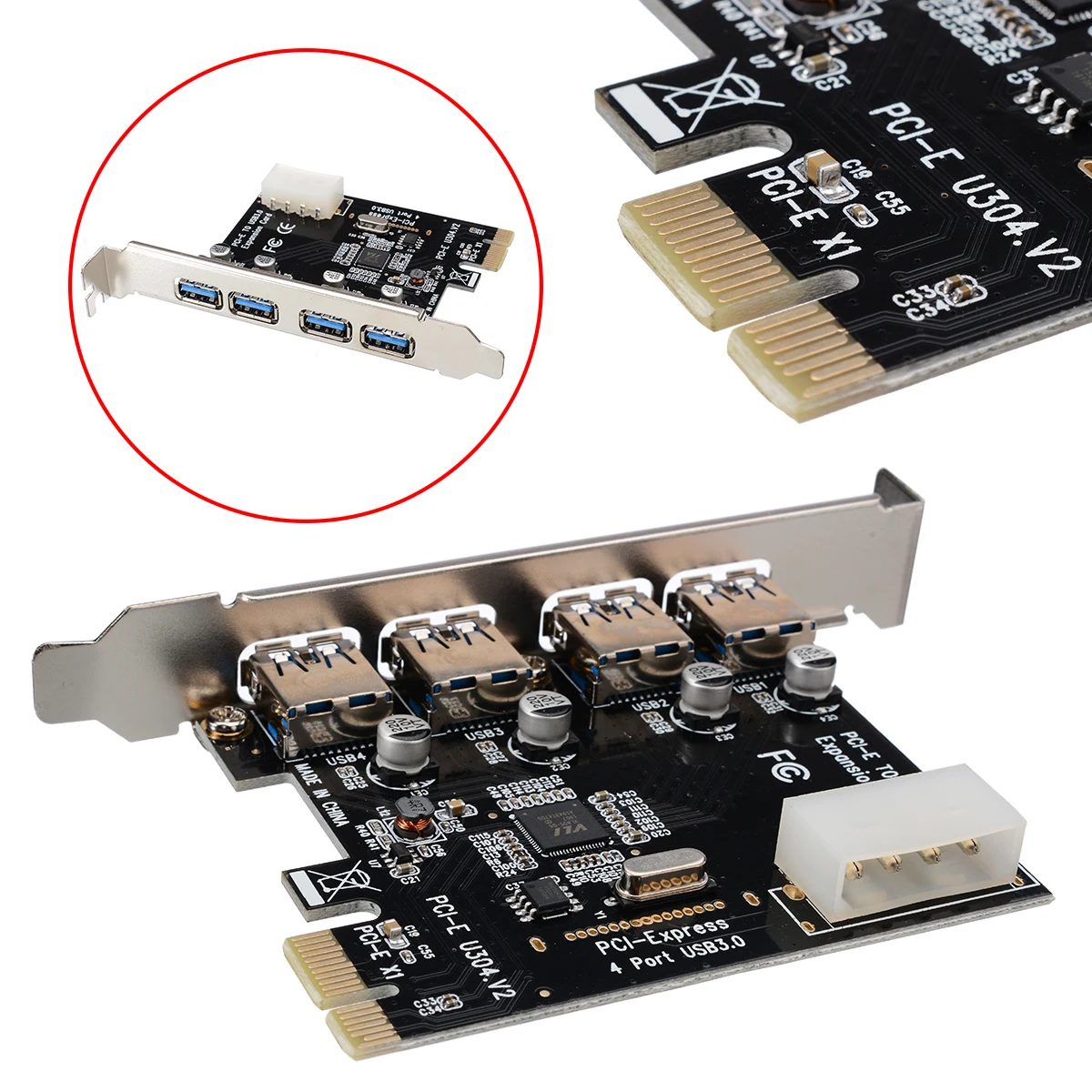 4 Port PCI-E Adapters High Quality PCI-E to USB 3.0 HUB PCI Express Expansion Card Adapter 5 Gbps Speed 4-pin Power Connector