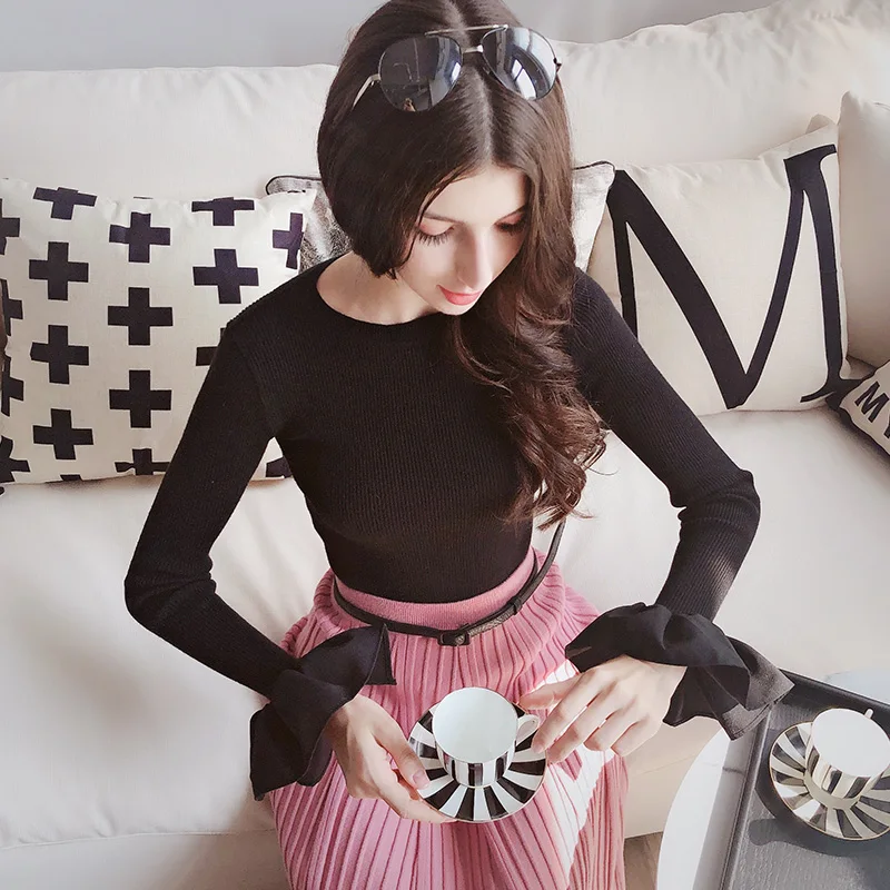 Dabuwawa Ruffled Knitted Women Sweater Flare Sleeve Button Female Pullover Jumper Slim Fit Ladies Turtleneck DN1DJS018 | Женская одежда