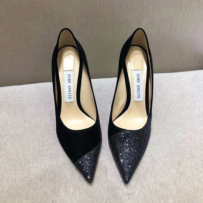 

2021 spring new splicing pointed shallow mouth single shoes sexy fashion black stiletto sequined party dress work shoes women