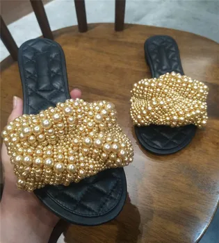 

2020 High Quality Luxury Pearls Designer Slippers Women Flat Shoes Genuine Leather Round Toe open Ladies Summer Slides Sandals
