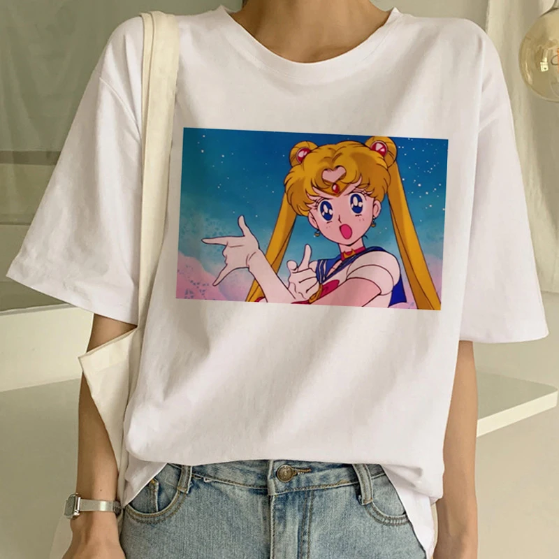 Sailor Moon/летняя новая модная футболка Женская Harajuku короткий рукав забавная футболка Ulzzang футболка с милым котом женские футболки с рисунком