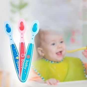

Feed Baby Temperature Spoon Soft Head Training Silicone Spoon Set With Long HandleCutlery For Kids Feeding Spoons