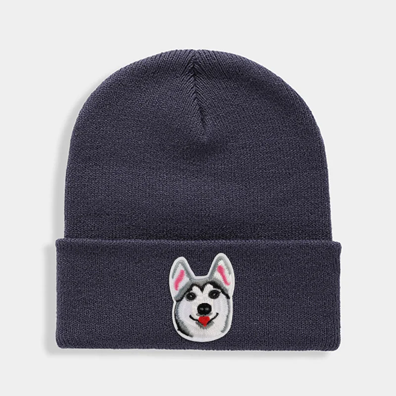 Huskies Hats Fashion Patches Sweet Beanie For Unisex Winter Brimless Stretchy Bonnet Solid Color Outdoor Cap Knitted Beanie - Цвет: Темно-серый