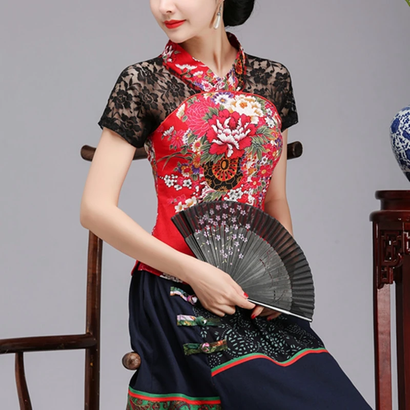 Sexy red Lace Summer Women Shirt Top Chinese Style Cotton Linen Blouse Tradition Flower Clothing S-XXXL women blouse